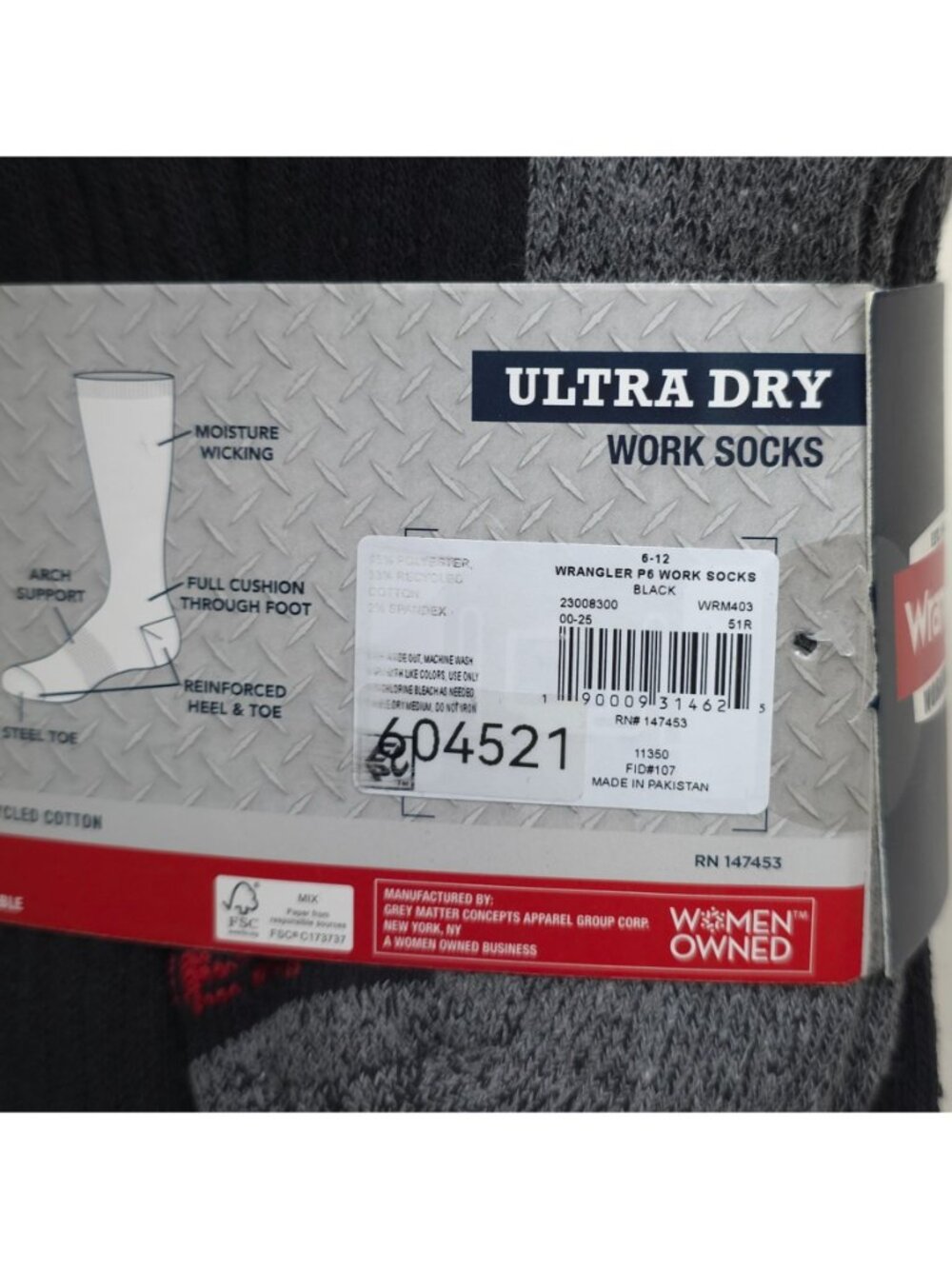 Wrangler Ultra Dry Work Socks 6-Pack Crew Arch Support Steel Toe Cushion Foot - Picture 7 of 9